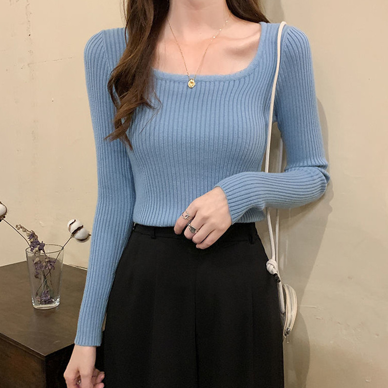 Lucyever 2022 Basic Jednobojni pulover s četvrtastim izrezom Ženski visokokvalitetni ležerni pleteni pulover Proljetni pulover dugih rukava