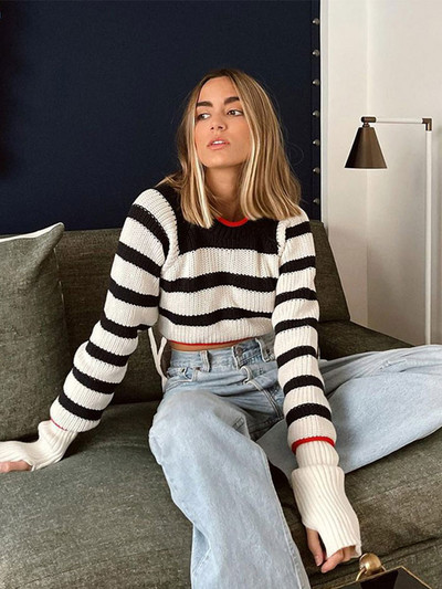 Moteriškas 2023 m. pavasario suvarstytas megztinis su raišteliais be nugarų, dryžuotas, sutrumpintas megztinis, ilgomis rankovėmis, viršutiniais drabužiais prašmatnios viršūnės