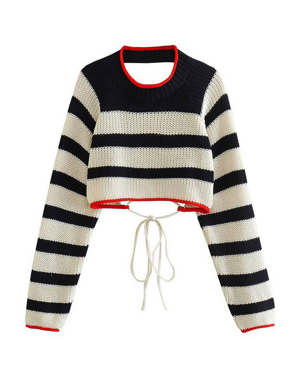 Moteriškas 2023 m. pavasario suvarstytas megztinis su raišteliais be nugarų, dryžuotas, sutrumpintas megztinis, ilgomis rankovėmis, viršutiniais drabužiais prašmatnios viršūnės