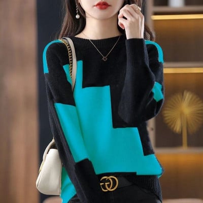 2022 Φθινόπωρο Χειμώνας Μαύρο και Άσπρο Πουλόβερ με αντίθεση Κορεάτικο Νέα Μόδα Κομψό με στρογγυλό λαιμό καθημερινό πουλόβερ για γυναίκες