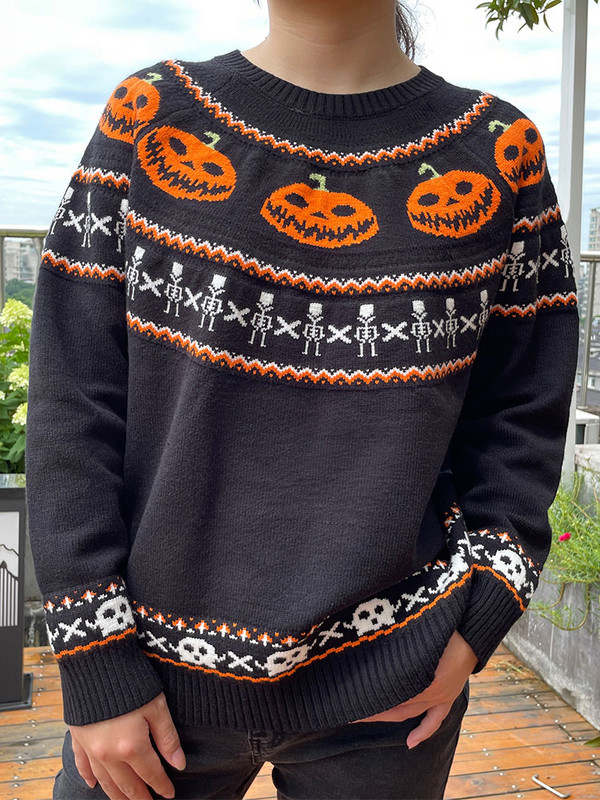 Ženski džemper s gotičkim uzorkom bundeve i duhova za Noć vještica Jesenski topli pleteni džemper dugih rukava, ženski božićni džemper 2023.