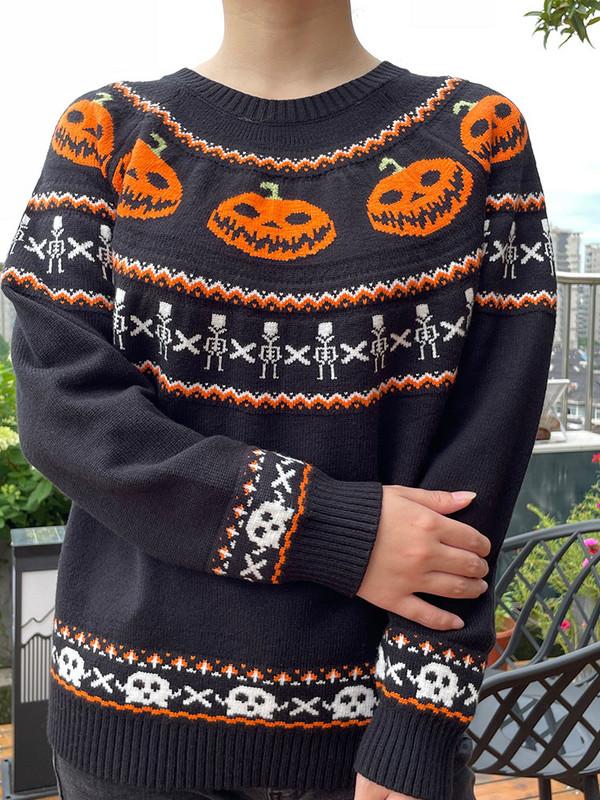 Ženski džemper s gotičkim uzorkom bundeve i duhova za Noć vještica Jesenski topli pleteni džemper dugih rukava, ženski božićni džemper 2023.
