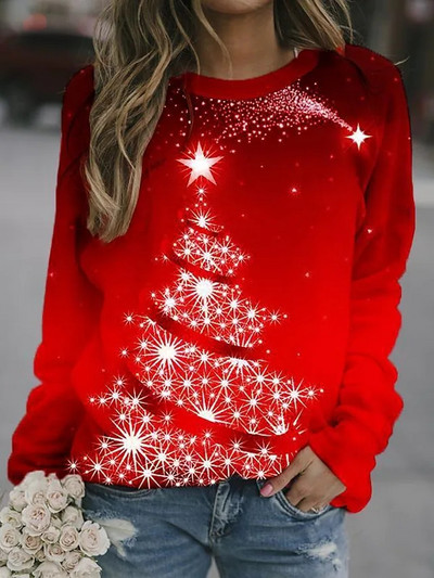 Jesen Zima Božićni džemper Vintage Elegantne majice Ženska majica s okruglim izrezom sa životinjskim printom dugih rukava Ulična modna majica snjegovića