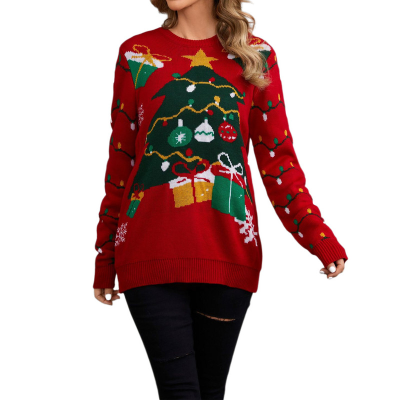 Γυναικείο πουλόβερ με μονόχρωμη λαιμόκοψη με λαιμόκοψη με κόκκινο εμπριμέ φαρδύ μακρυμάνικο πουλόβερ Χειμερινό ζεστό πουλόβερ χριστουγεννιάτικο καθημερινό ντύσιμο