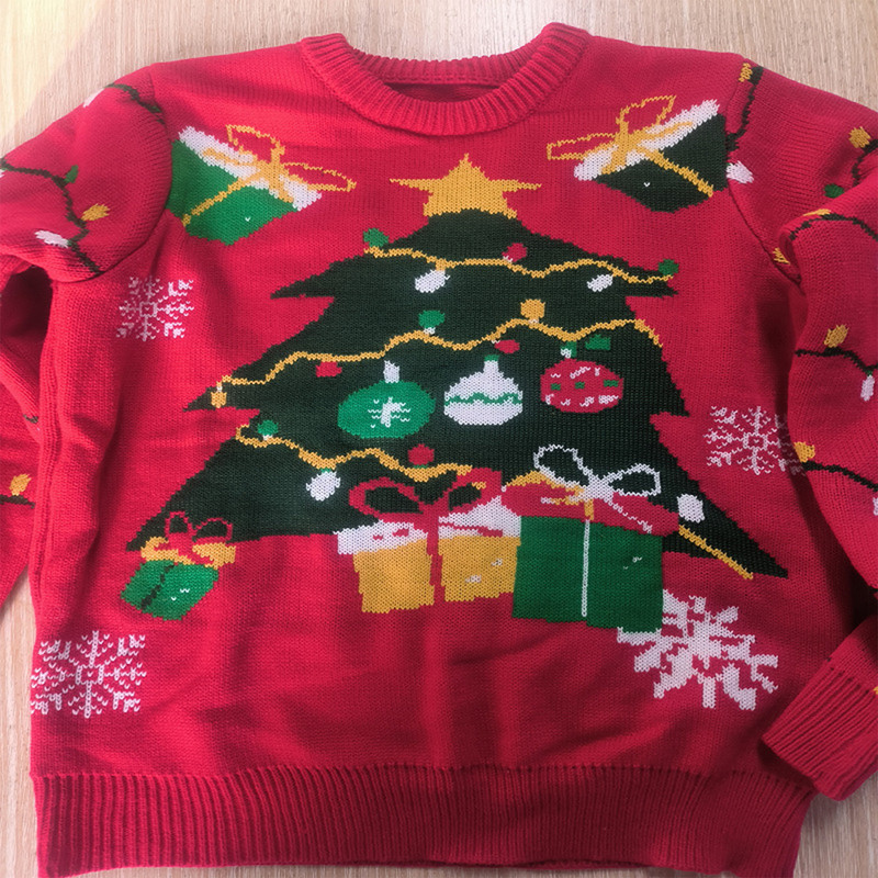 Γυναικείο πουλόβερ με μονόχρωμη λαιμόκοψη με λαιμόκοψη με κόκκινο εμπριμέ φαρδύ μακρυμάνικο πουλόβερ Χειμερινό ζεστό πουλόβερ χριστουγεννιάτικο καθημερινό ντύσιμο