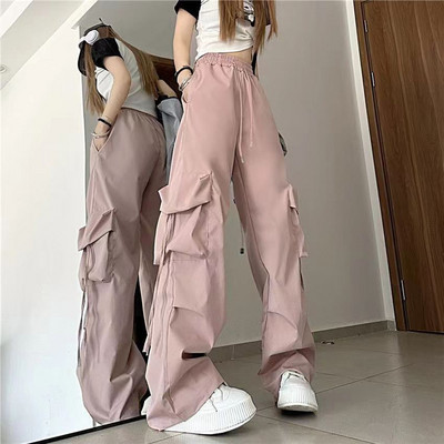 Ženske Y2K Cargo hlače visokog struka Ulična Hip hop hlače Ženske široke džepove Ležerne široke trenirke s uzicom niskog struka