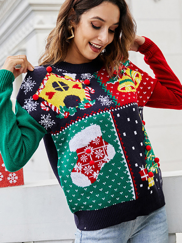 Jesen Zima Božićni ženski pulover Modni pleteni top dugih rukava Ležerni puloveri s mašnom O izrezom Elegantno Novo u pletivi