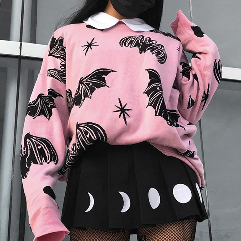 Gotičke majice Ženska jesenska majica s printom šišmiša O-izreza Labavi gornji dio džempera dugih rukava