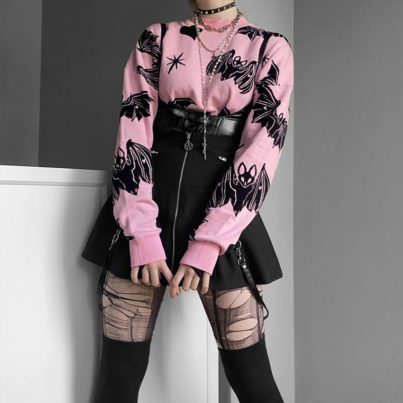 Gotičke majice Ženska jesenska majica s printom šišmiša O-izreza Labavi gornji dio džempera dugih rukava