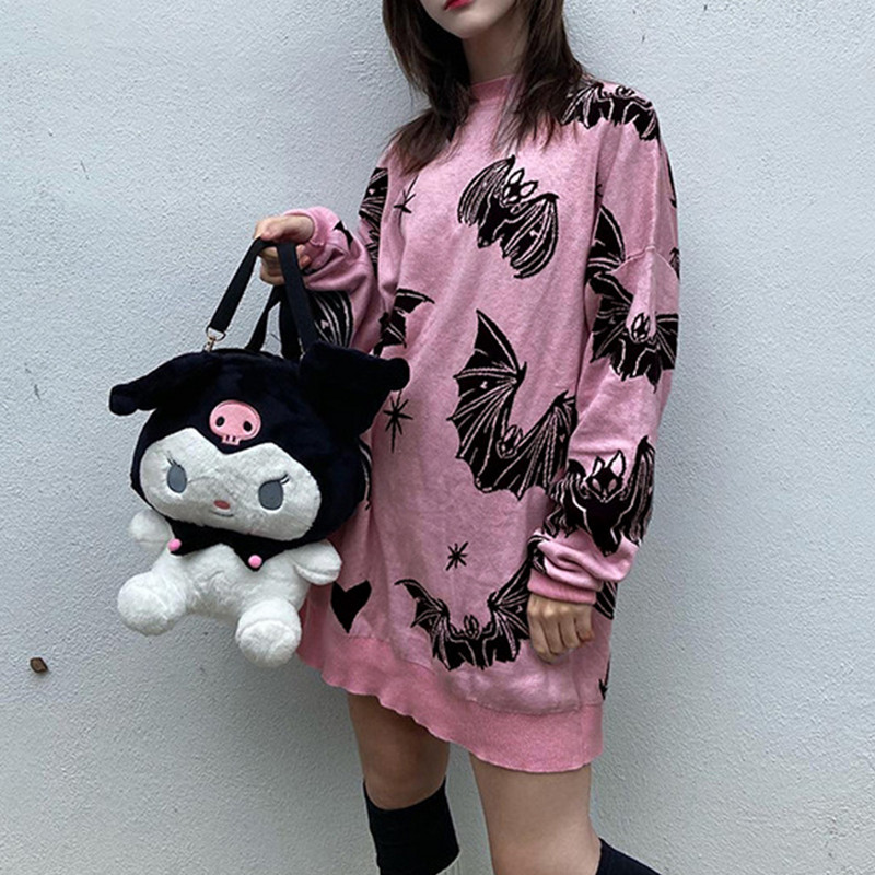 Gotičke majice Ženska jesenska majica s printom šišmiša O-izreza Labavi gornji dio džempera dugih rukava