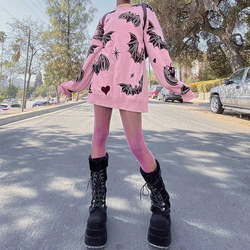 Gotičke majice Ženska jesenska majica s printom šišmiša O-izreza Labavi gornji dio džempera dugih rukava