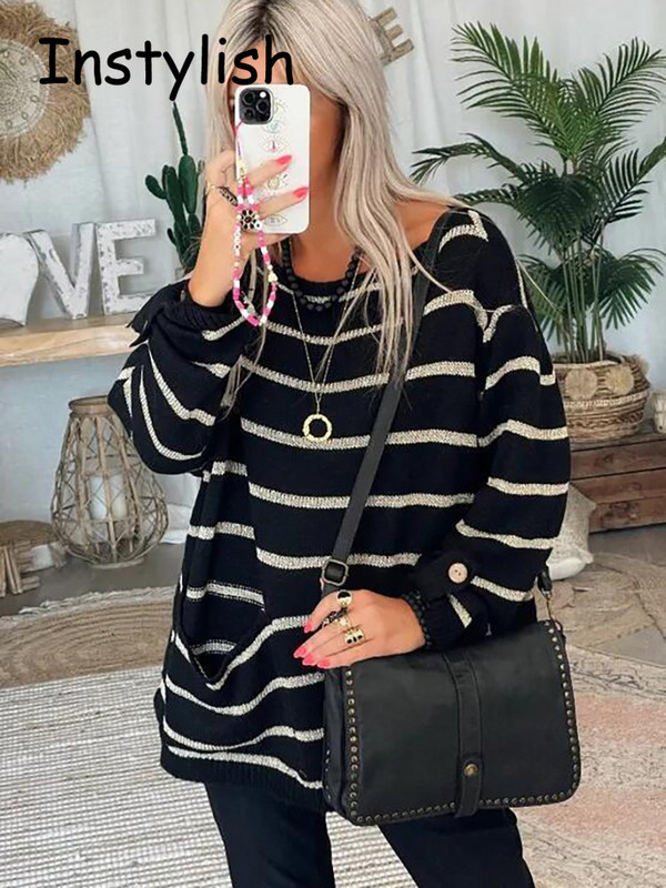 Ženski jesenski preveliki džemper Elegantni široki pulover s okruglim izrezom na pruge Elegantni pleteni džemper Vintage ulične majice 2022.