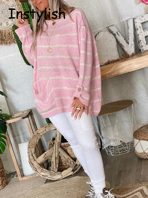 Ženski jesenski preveliki džemper Elegantni široki pulover s okruglim izrezom na pruge Elegantni pleteni džemper Vintage ulične majice 2022.