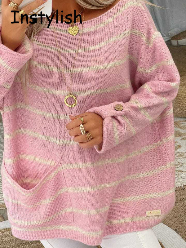 Ženski jesenski preveliki džemper Elegantni široki pulover s okruglim izrezom na pruge Elegantni pleteni džemper Vintage ulične majice 2022.