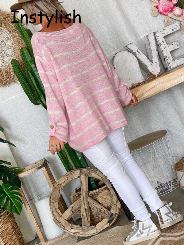 Ženski jesenski preveliki džemper Elegantni široki pulover s okruglim izrezom na pruge Elegantni pleteni džemper Vintage ulične majice 2022.