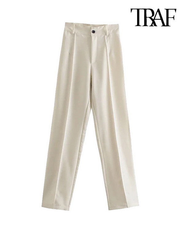 TRAF Ženska šik modna uredska odjeća Ravne hlače Vintage Ženske letjelice s patentnim zatvaračem visokog struka Mujer