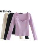 Willshela Novi ženski pleteni pulover s dugim rukavima i srcem izrezom Ležerna modna žena uskog kroja Uski pleteni džemperi Puloveri