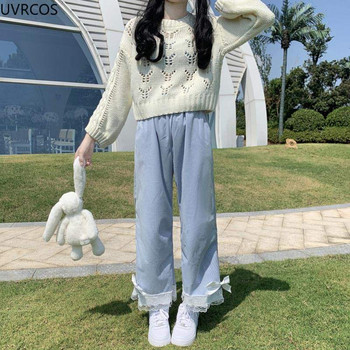 Γυναικείο ιαπωνικό Lolita παντελόνι με ψηλόμεσο κοτλέ Kawaii Γλυκό φιόγκο Παντελόνι με φαρδύ πόδι Κοριτσίστικο Vintage Ρούχα Φαρδιά χαριτωμένο παντελόνι