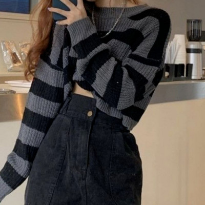 Πλεκτό πλεκτό πουλόβερ σε κορεατικό στυλ Deeptown Γυναικείο vintage εμπριμέ με λαιμόκοψη μακρυμάνικο μπλουζάκι Y2K Φθινόπωρο χειμώνα