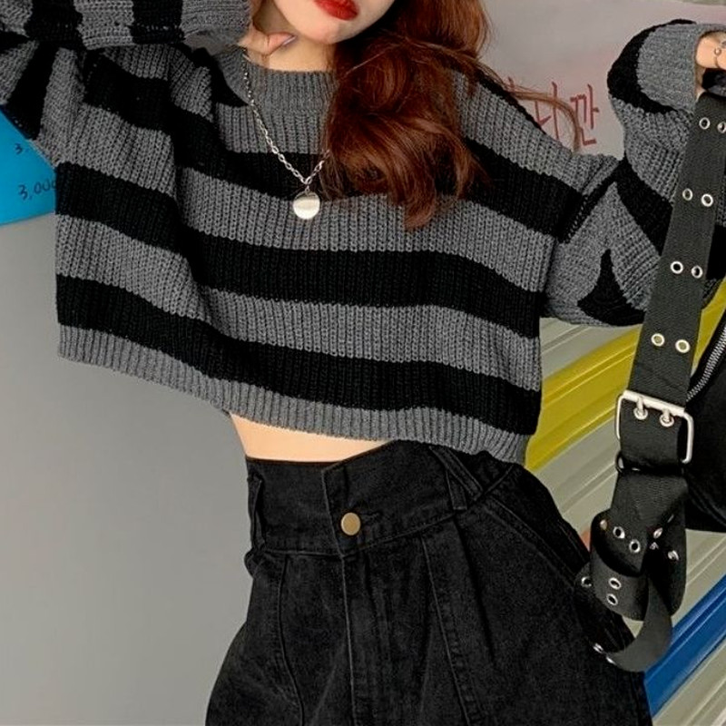 Πλεκτό πλεκτό πουλόβερ σε κορεατικό στυλ Deeptown Γυναικείο vintage εμπριμέ με λαιμόκοψη μακρυμάνικο μπλουζάκι Y2K Φθινόπωρο χειμώνα