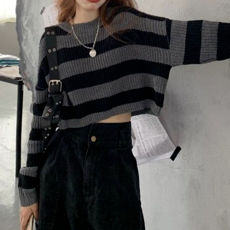 Πλεκτό πλεκτό πουλόβερ σε κορεατικό στυλ Deeptown Γυναικείο vintage εμπριμέ με λαιμόκοψη μακρυμάνικο μπλουζάκι Y2K Φθινόπωρο χειμώνα