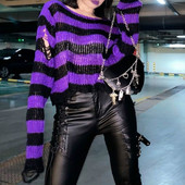 Ženski y2k labavi pulover dugih rukava, preveliki, pleteni, okrugli izrez, cvjetni pulover s izrezima, prugasti poderani pulover, estetski gornji dio