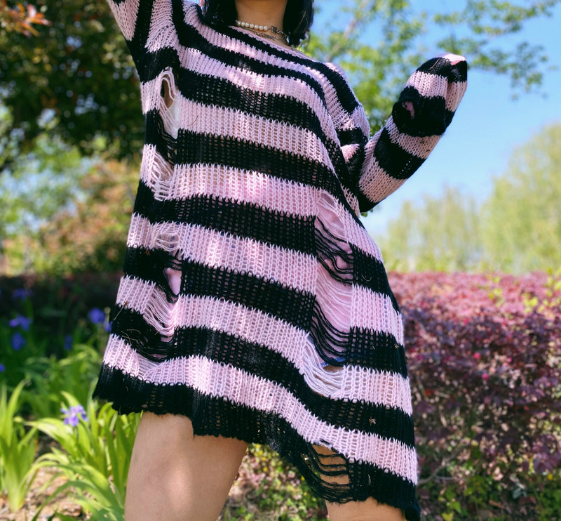 Ženski y2k labavi pulover dugih rukava, preveliki, pleteni, okrugli izrez, cvjetni pulover s izrezima, prugasti poderani pulover, estetski gornji dio