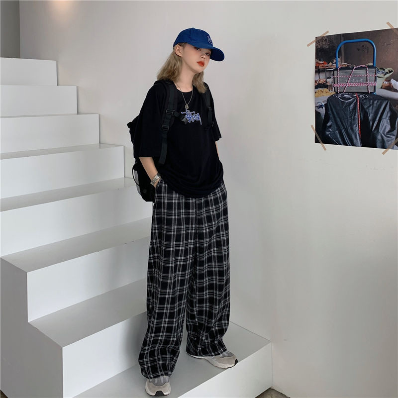 Zoki sügise naiste ruudulised püksid vabaaja ülisuured lahtised laia säärega püksid retro teismelistele Harajuku must hiphop, kõik sobivad tänavarõivad 3XL