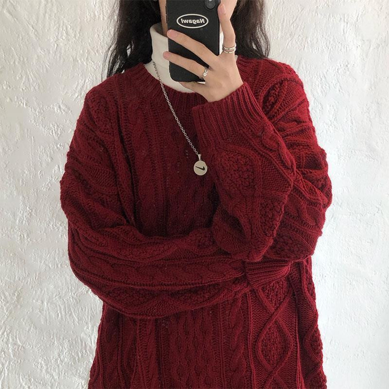 Jesen Zima Ženski crveni puloveri Labavi vintage uvijeni džemperi dugih rukava Pletena gornja odjeća Topovi u korejskom elegantnom stilu Džemperi s O-izrezom