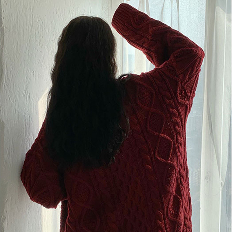 Jesen Zima Ženski crveni puloveri Labavi vintage uvijeni džemperi dugih rukava Pletena gornja odjeća Topovi u korejskom elegantnom stilu Džemperi s O-izrezom