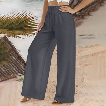 Καλοκαιρινό γυναικείο παντελόνι 2023 Vintage μονόχρωμο ελαστικό λινό στη μέση Παντελόνι Casual Lady Loose φαρδύ παντελόνι