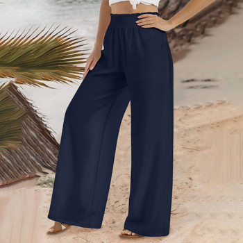 Καλοκαιρινό γυναικείο παντελόνι 2023 Vintage μονόχρωμο ελαστικό λινό στη μέση Παντελόνι Casual Lady Loose φαρδύ παντελόνι