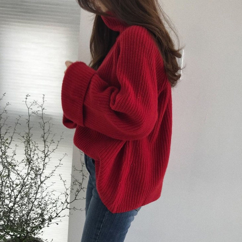 Πουλόβερ με ζιβάγκο Πυκνό μασίφ πλεκτό χειμωνιάτικο γυναικείο μανίκι Harajuku Fashion Leisure outwear Red Loose Simple Chic Ins