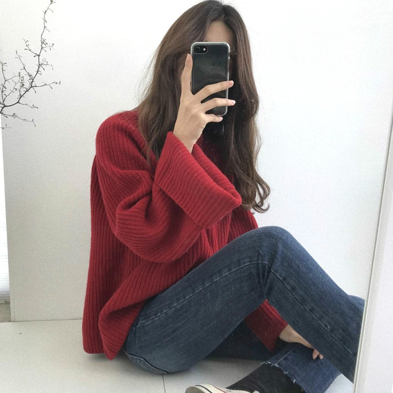 Πουλόβερ με ζιβάγκο Πυκνό μασίφ πλεκτό χειμωνιάτικο γυναικείο μανίκι Harajuku Fashion Leisure outwear Red Loose Simple Chic Ins