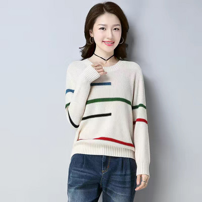 Proljetni ženski široki puloveri s prugama Elegantni O-izrez Ležerni pleteni džemper dugih rukava Korejski vintage pulover Nove majice za pletenje