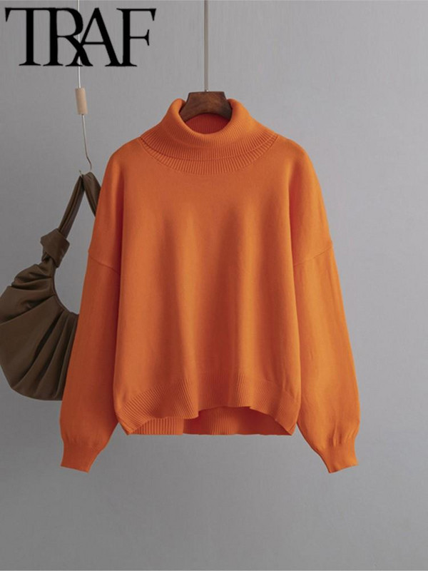Γυναικεία πλεκτά πουλόβερ TRAF 2022 Χειμερινή μόδα vintage ζιβάγκο φαρδύ πουλόβερ Γυναικείο κομψό, casual μακρυμάνικο πουλόβερ