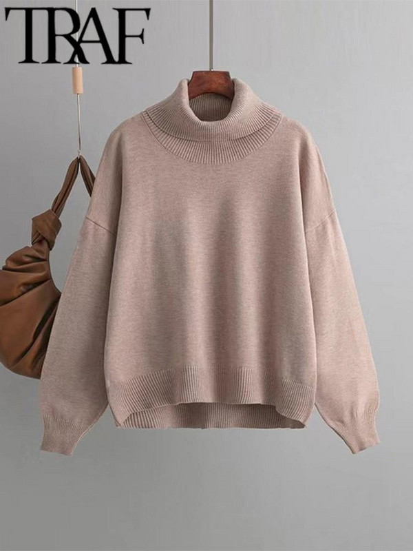 Γυναικεία πλεκτά πουλόβερ TRAF 2022 Χειμερινή μόδα vintage ζιβάγκο φαρδύ πουλόβερ Γυναικείο κομψό, casual μακρυμάνικο πουλόβερ