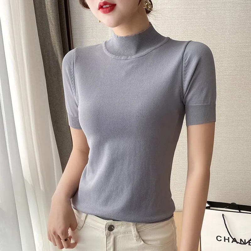 Jednobojni, jednostavni pleteni pulover s polu visokim ovratnikom i kratkim rukavima, korejski široki pulover 3xl veličine, ženski osnovni pulover
