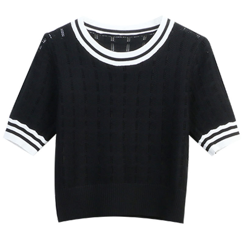 Patchwork izdubljeni pulover kratkih rukava Ženski korejski modni pleteni pulover s O-izrezom, uske majice, ljeto 2023.