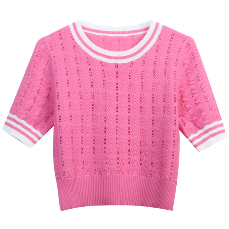 Patchwork izdubljeni pulover kratkih rukava Ženski korejski modni pleteni pulover s O-izrezom, uske majice, ljeto 2023.