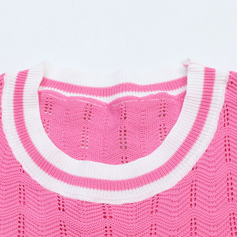 Patchwork izdubljeni pulover kratkih rukava Ženski korejski modni pleteni pulover s O-izrezom, uske majice, ljeto 2023.