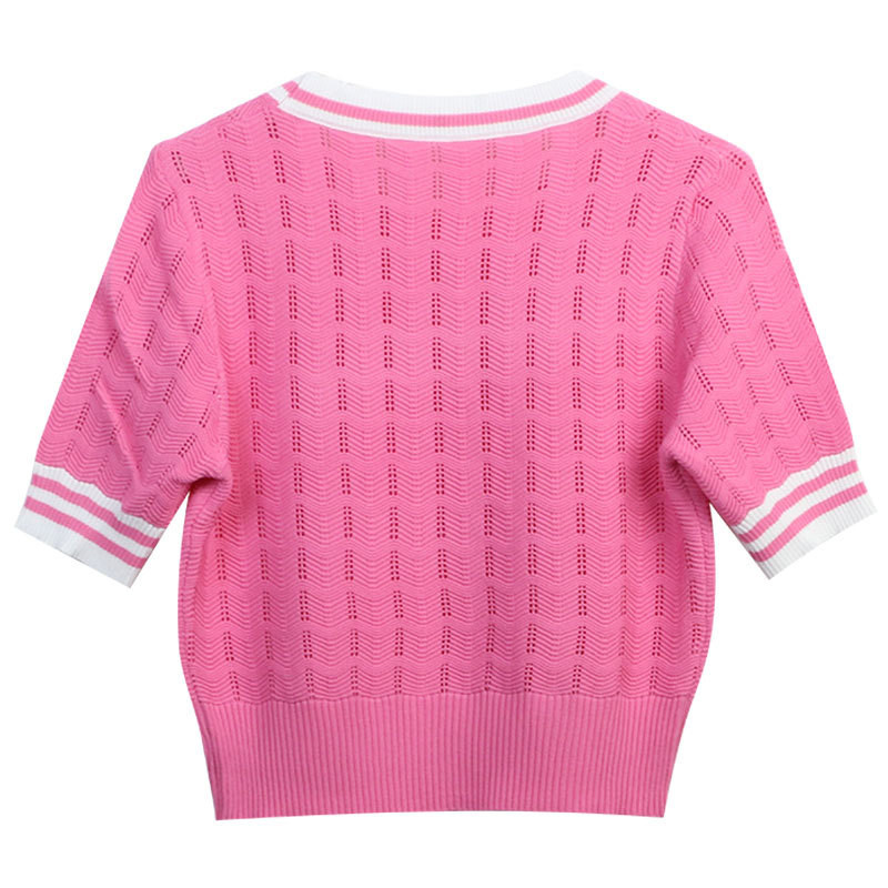 Patchwork izdubljeni pulover kratkih rukava Ženski korejski modni pleteni pulover s O-izrezom, uske majice, ljeto 2023.