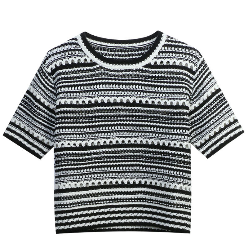 Συνονθύλευμα ριγέ κοντομάνικο πουλόβερ με κούφιο έξω γυναικείο πλεκτό πουλόβερ με λαιμόκοψη Κορέας λεπτές μπλούζες Καλοκαίρι 2023