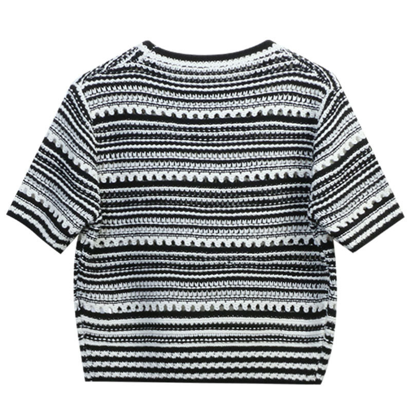 Συνονθύλευμα ριγέ κοντομάνικο πουλόβερ με κούφιο έξω γυναικείο πλεκτό πουλόβερ με λαιμόκοψη Κορέας λεπτές μπλούζες Καλοκαίρι 2023