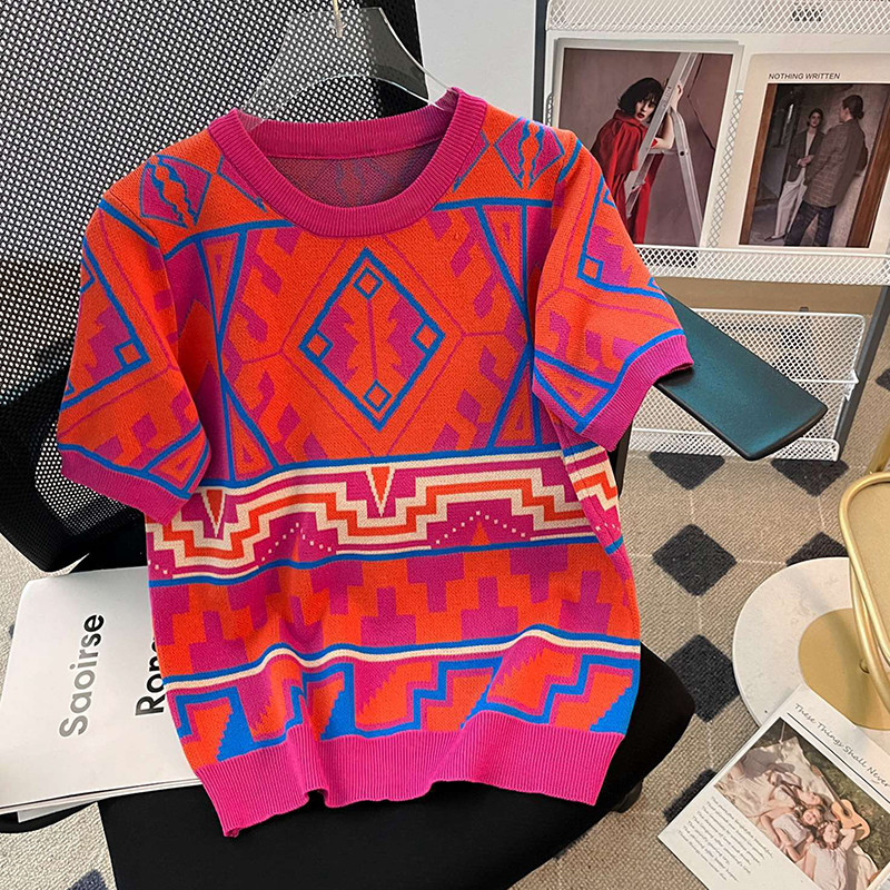 Korejski modni patchwork džemper s geometrijskim uzorkom Ženski pleteni pulover kratkih rukava Topovi s O-izrezom 2023. proljeće ljeto