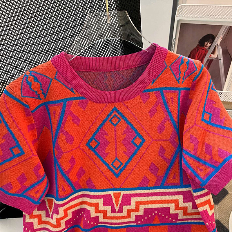 Korejski modni patchwork džemper s geometrijskim uzorkom Ženski pleteni pulover kratkih rukava Topovi s O-izrezom 2023. proljeće ljeto