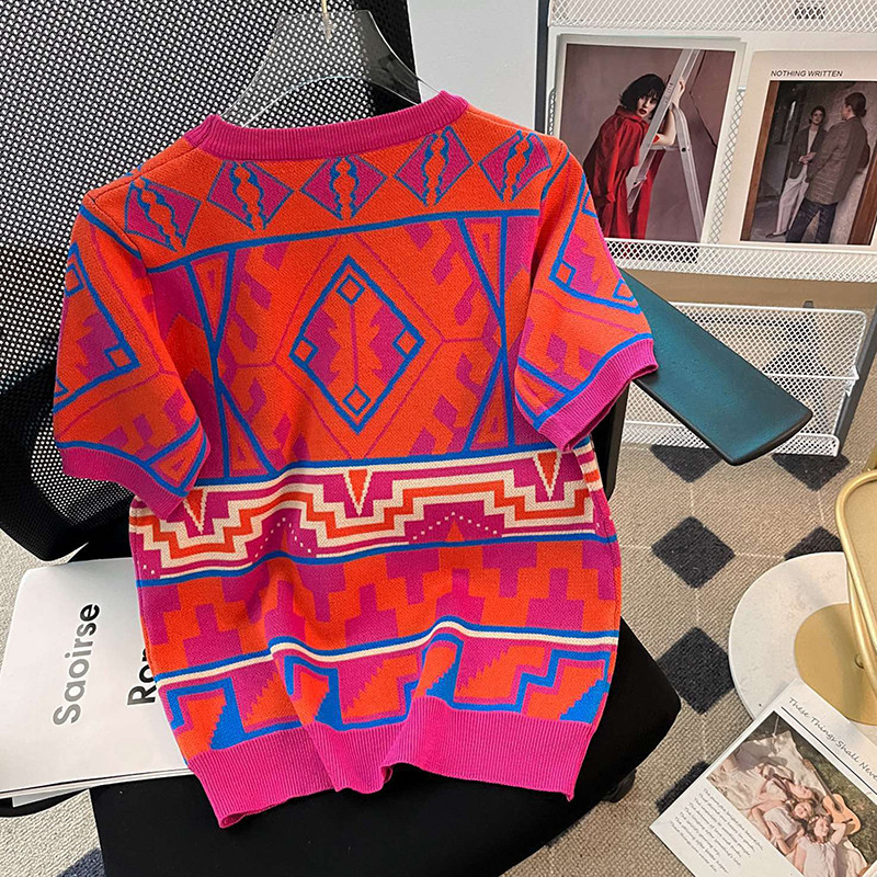 Korejski modni patchwork džemper s geometrijskim uzorkom Ženski pleteni pulover kratkih rukava Topovi s O-izrezom 2023. proljeće ljeto