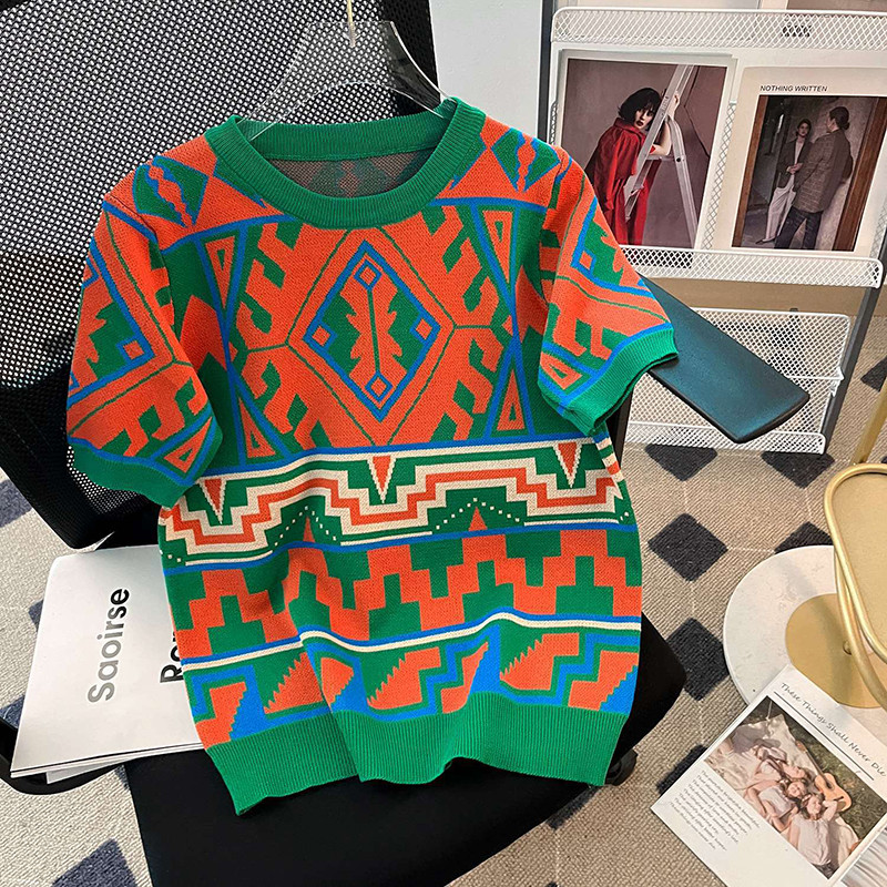 Korejski modni patchwork džemper s geometrijskim uzorkom Ženski pleteni pulover kratkih rukava Topovi s O-izrezom 2023. proljeće ljeto