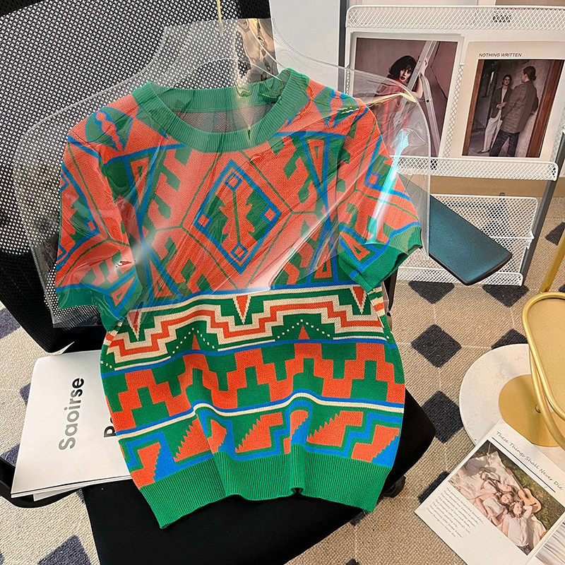 Korejski modni patchwork džemper s geometrijskim uzorkom Ženski pleteni pulover kratkih rukava Topovi s O-izrezom 2023. proljeće ljeto