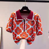 Novi ljetni vintage 2022. pleteni pulover s puf rukavima s kontrastnim cvijetom i šik ženskim puloverom s dugmadima Crop Top Pull Femme